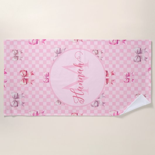 Rosa Coquette Bow Checkerboard Strandtuch (Vorderseite)