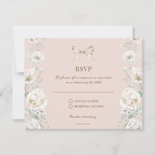 Rosa Coquette Bow Floral Wedding RSVP Karte (Vorderseite)