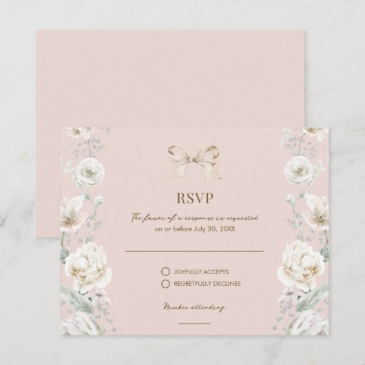 Rosa Coquette Bow Floral Wedding RSVP Karte (Vorne/Hinten)