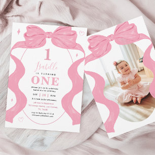 Rosa Coquette Bow & Foto Ribbon 1. Girl Geburtstag Einladung