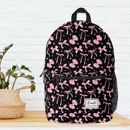 Rosa Coquette Bow Individuelle Name Schwarz Bedruckter Rucksack