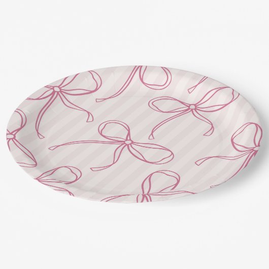 Rosa Coquette Bow Pastel Streifen Tischdekor Pappteller (Schrägansicht)