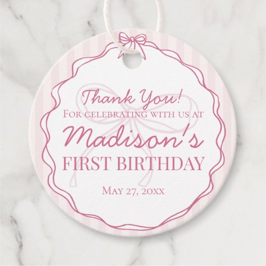 Rosa Coquette Bow Pastell Streifen Geburtstag Geschenkanhänger (Vorderseite)