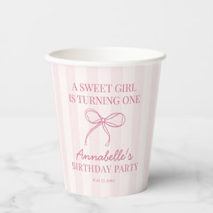 Rosa Coquette Bow Pastell Streifen Geburtstag Pappbecher