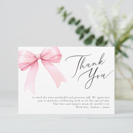 Rosa Coquette Bow Polterabend Dankeskarte (Stehend Vorderseite)
