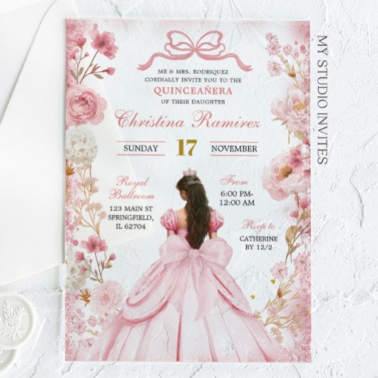 Rosa Coquette Bow Princess Quinceanera Acryleinladungen