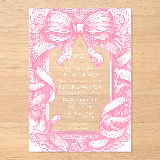 Rosa Coquette Bow Ribbon Toile de Jouy Baby Dusche Acryleinladungen (Vorderseite)