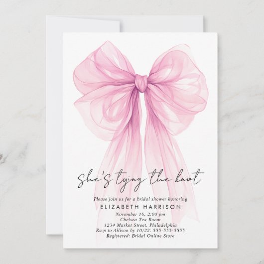 Rosa Coquette Bow Wasserfarbe Brautparty Einladung (Vorderseite)
