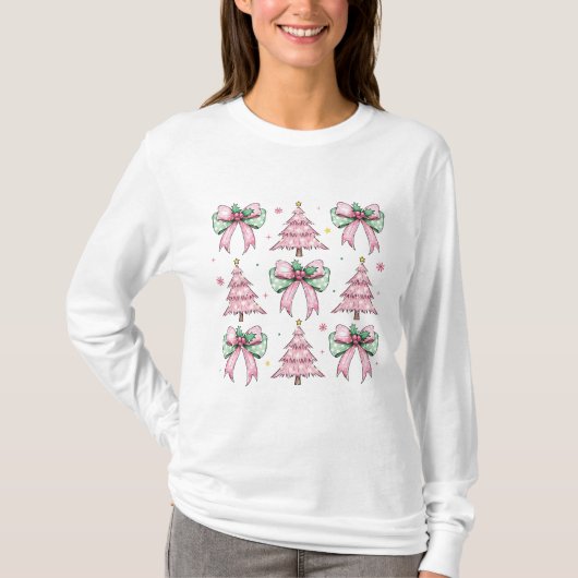 Rosa Coquette Bow Xmas Tree T-Shirt (Vorderseite)