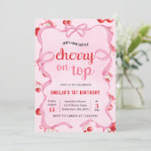 Rosa Coquette Cherry auf Top Birthday Einladung (Stehend Vorderseite)