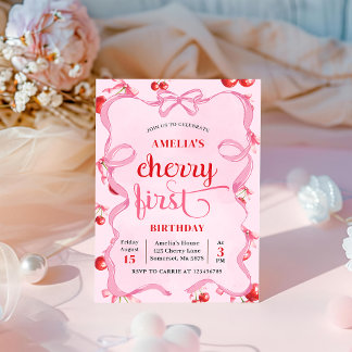 Rosa Coquette Cherry Erster Geburtstag Einladung