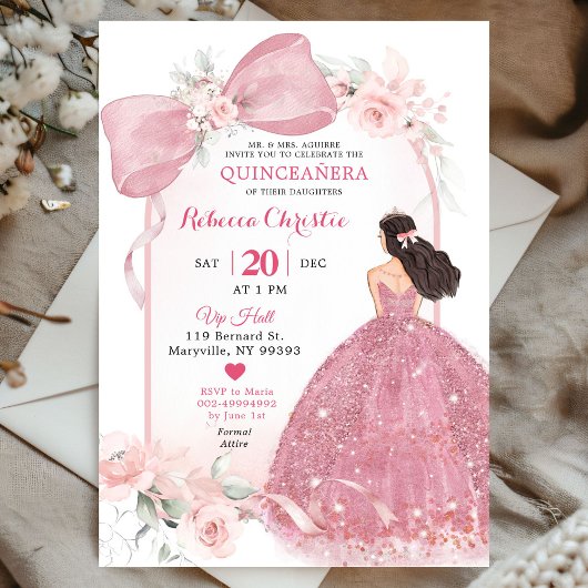 Rosa Coquette Floral Quinceañera Einladung