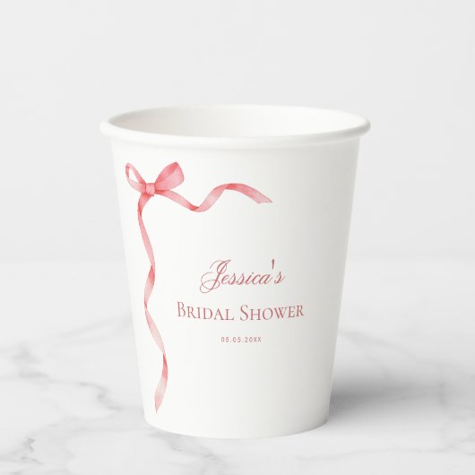 Rosa Coquette Französisches Ribbon Bow Brautparty Pappbecher (Vorderseite)