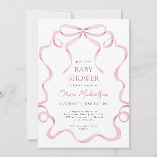Rosa Coquette Ribbon Bow Blush Frame Baby Dusche Einladung (Vorderseite)