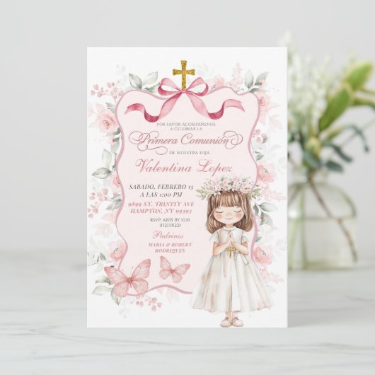 Rosa Coquette Ribbon Floral Erste Heilige Kommune Einladung (Stehend Vorderseite)