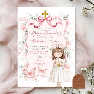 Rosa Coquette Ribbon Floral Erste Heilige Kommune Einladung