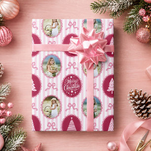 Rosa Coquette-Schleife gestreifter Weihnachtsbaum Geschenkpapier
