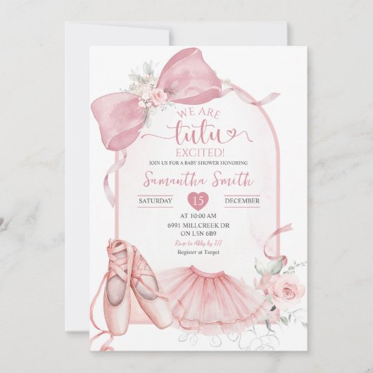 Rosa Coquette Tutu Erregte Ballerina Baby Dusche Einladung (Vorderseite)