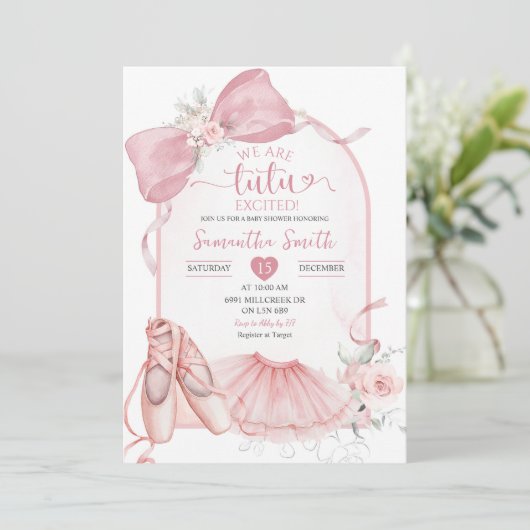 Rosa Coquette Tutu Erregte Ballerina Baby Dusche Einladung (Stehend Vorderseite)
