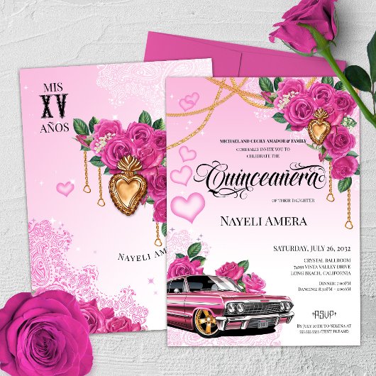 Rosa Corazon de Milagros Lowrider Quinceanera Einladung