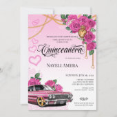 Rosa Corazon de Milagros Lowrider Quinceanera Einladung (Vorderseite)