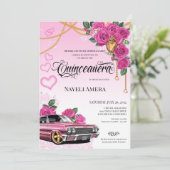 Rosa Corazon de Milagros Lowrider Quinceanera Einladung (Stehend Vorderseite)