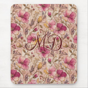 Rosa Cottagecore Floral gestickte Blumen Mousepad