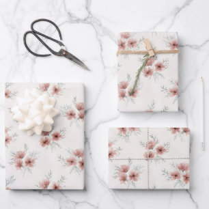 Rosa Cottagecore-Wildblumen Botanischer Druck Geschenkpapier Set