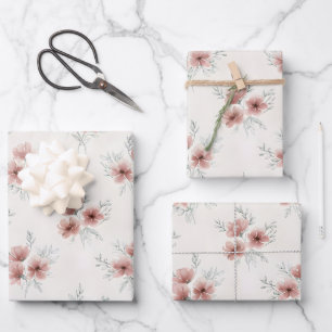 Rosa Cottagecore-Wildblumen Botanischer Druck Geschenkpapier Set