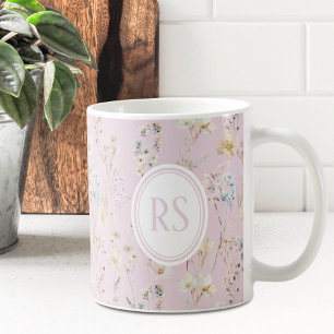 Rosa Cottagecore-Wildflower-Monogramm Kaffeetasse