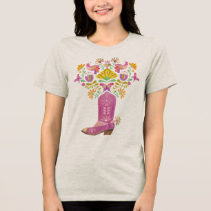 Rosa Cowboy-Stiefel mit Flora und Fauna Tri-Blend Shirt