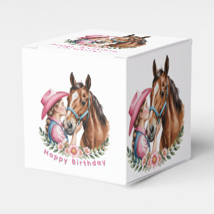 Rosa Cowgirl, die eine Pferdegeburtstagsfeier küss Geschenkschachtel