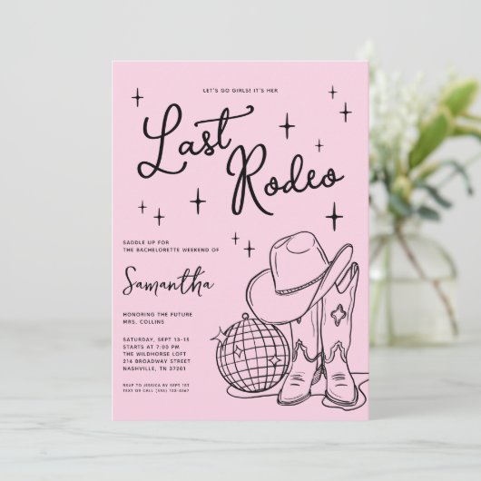 Rosa Cowgirl Disco Letzte Rodeo Junggeselinnen-Abs Einladung (Stehend Vorderseite)