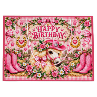Rosa Cowgirl Happy Birthday Geschentktasche Große Geschenktüte