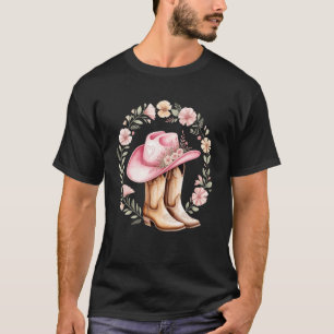 Rosa Cowgirl-Hut-Stiefel mit floralem Kranz im Wes T-Shirt