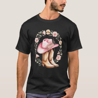 Rosa Cowgirl-Hut-Stiefel mit floralem Kranz im Wes T-Shirt