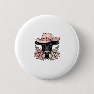 Rosa Cowgirl-Kalb mit Päonien Vintage-Vektor_1 Button