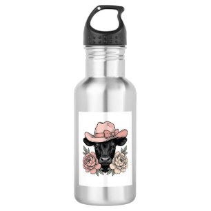 Rosa Cowgirl-Kalb mit Päonien Vintage-Vektor_1 Edelstahlflasche