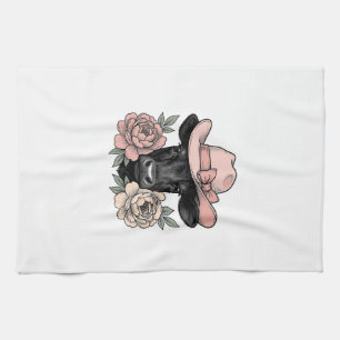 Rosa Cowgirl-Kalb mit Päonien Vintage-Vektor_1 Geschirrtuch
