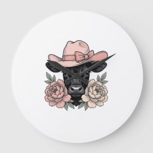 Rosa Cowgirl-Kalb mit Päonien Vintage-Vektor_1 Große Wanduhr