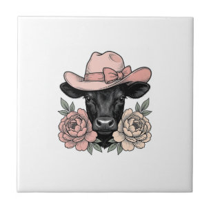 Rosa Cowgirl-Kalb mit Pfingstrosen Vintage-Vektor_ Fliese