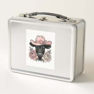 Rosa Cowgirl-Kalb mit Pfingstrosen Vintage-Vektor_ Metall Brotdose