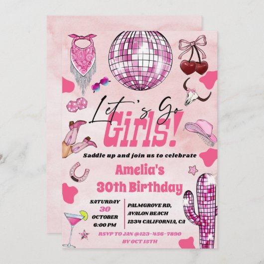 Rosa Cowgirl Lassend Mädchen, Disco Rodeo Geburtst Einladung (Vorne/Hinten)