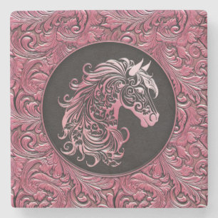 Rosa Cowgirl mit Blumenmotiven aus Leder Steinuntersetzer