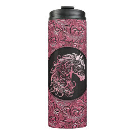 Rosa Cowgirl mit Blumenmotiven aus Leder Thermosbecher