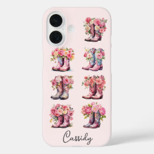 Rosa Cowgirl-Stiefel mit Blumen monogrammiert iPhone 16 Hülle