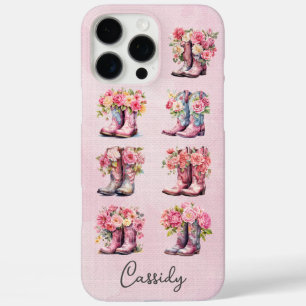 Rosa Cowgirl-Stiefel mit Blumen monogrammiert iPhone 16 Pro Max Hülle