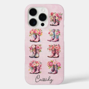Rosa Cowgirl-Stiefel mit Blumen monogrammiert iPhone 16 Pro Hülle
