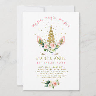 Rosa Creme Blume Gold Glitzer Einhorn Geburtstag Einladung