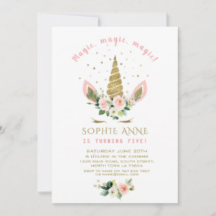 Rosa Creme Blumen Gold Glitter Einhorn Geburtstag Einladung